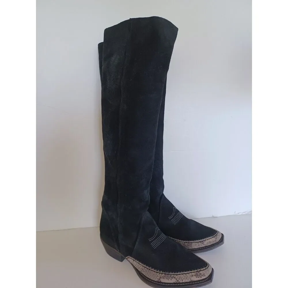 Free People Boho Western Boot Sterling Knee Hi Tall Slouchy Black Suede Euro 38